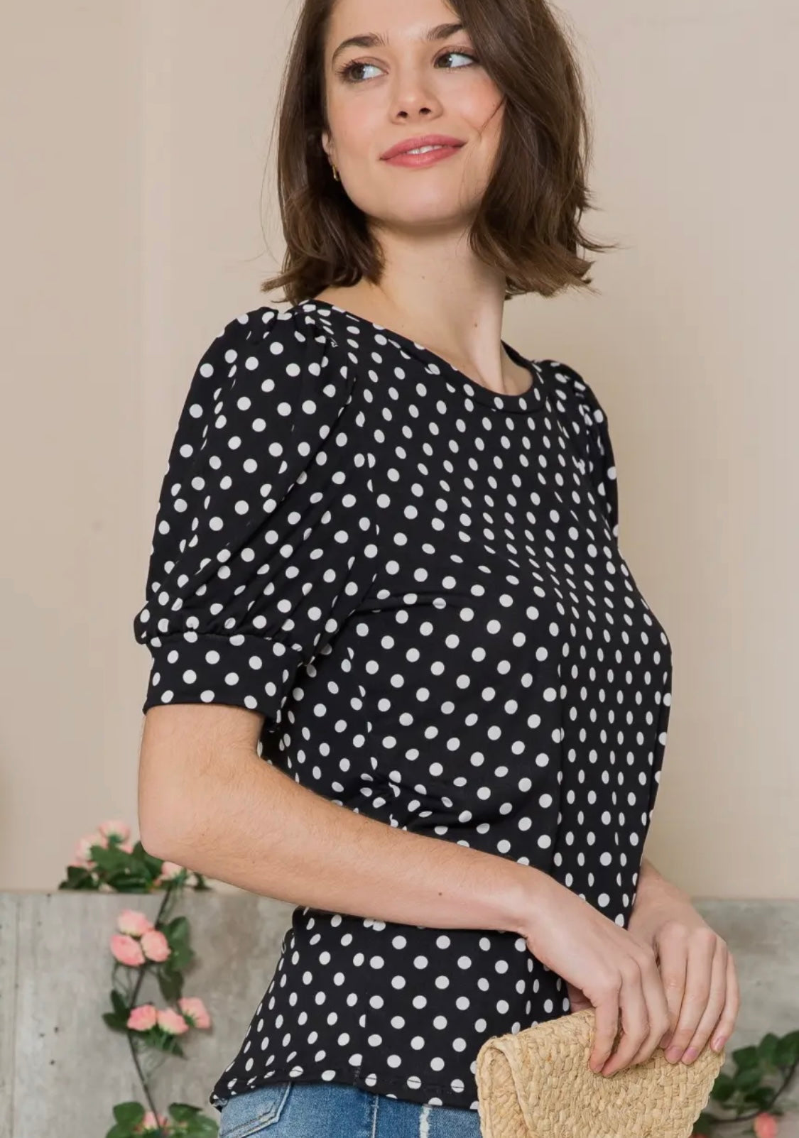 Black and White Polka Dot Short Sleeve Top