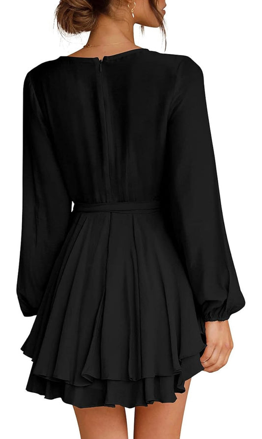 Black Ruffled Mini Swing Skater Dress