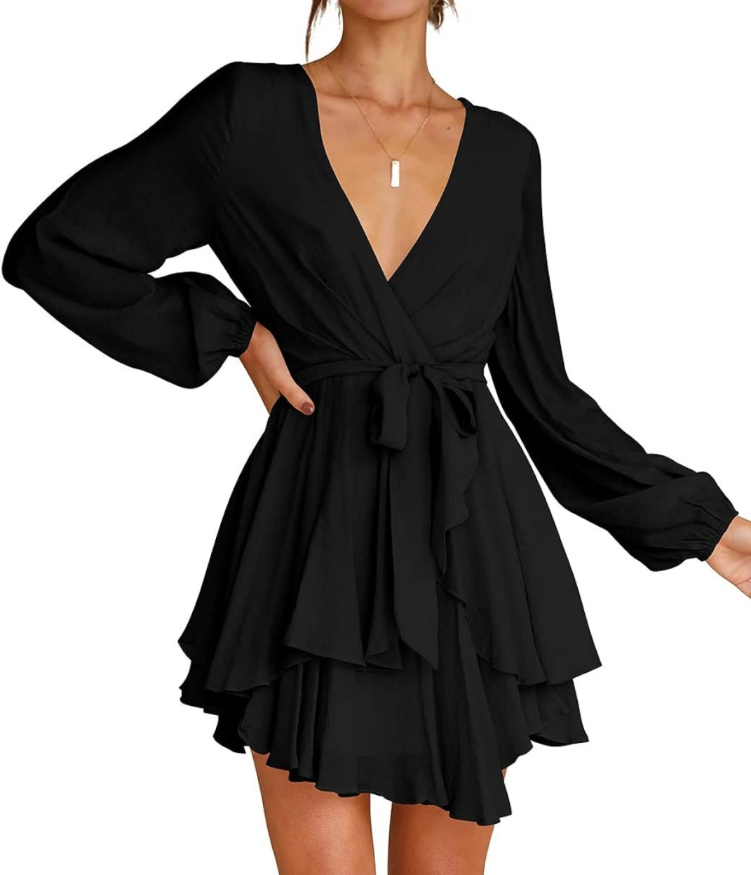 Black Ruffled Mini Swing Skater Dress