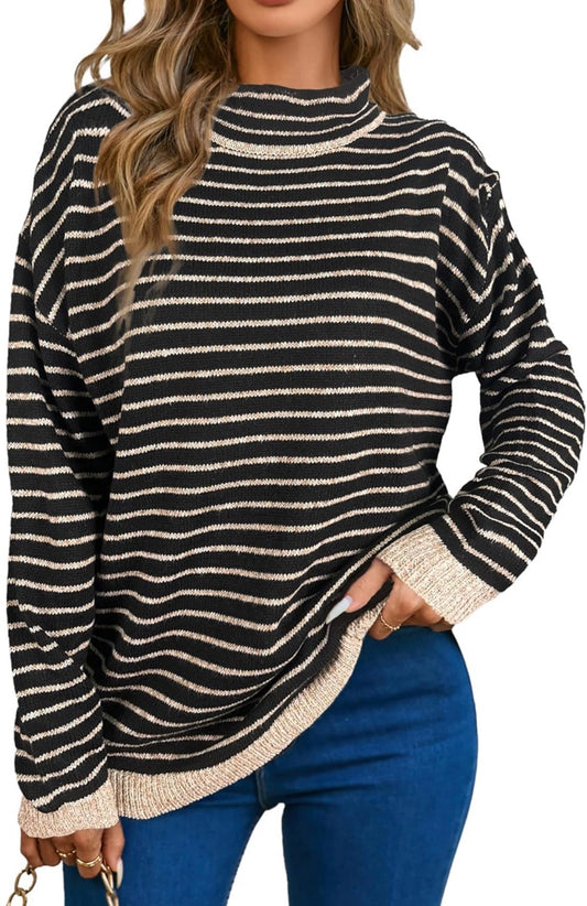 Black & Cream Oversized Striped Tunic Sweater