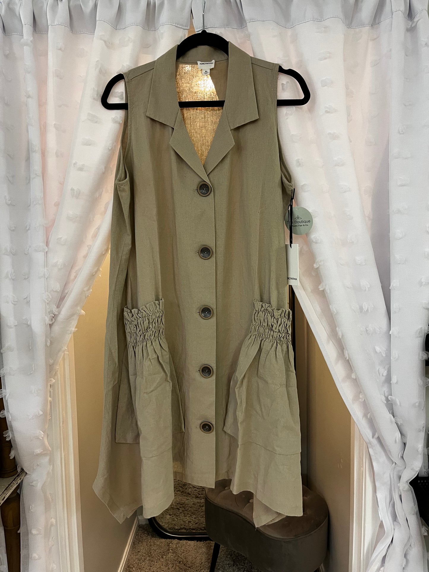 Tan Linen Dress w/Large Buttons