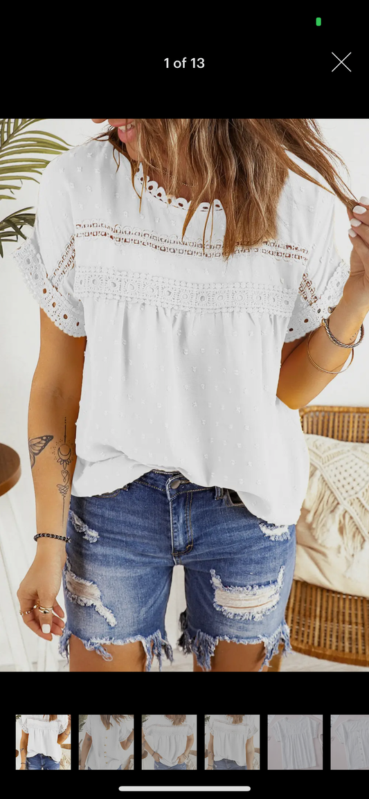 White Swiss Dot Lace Short Sleeve Button Back Shirt