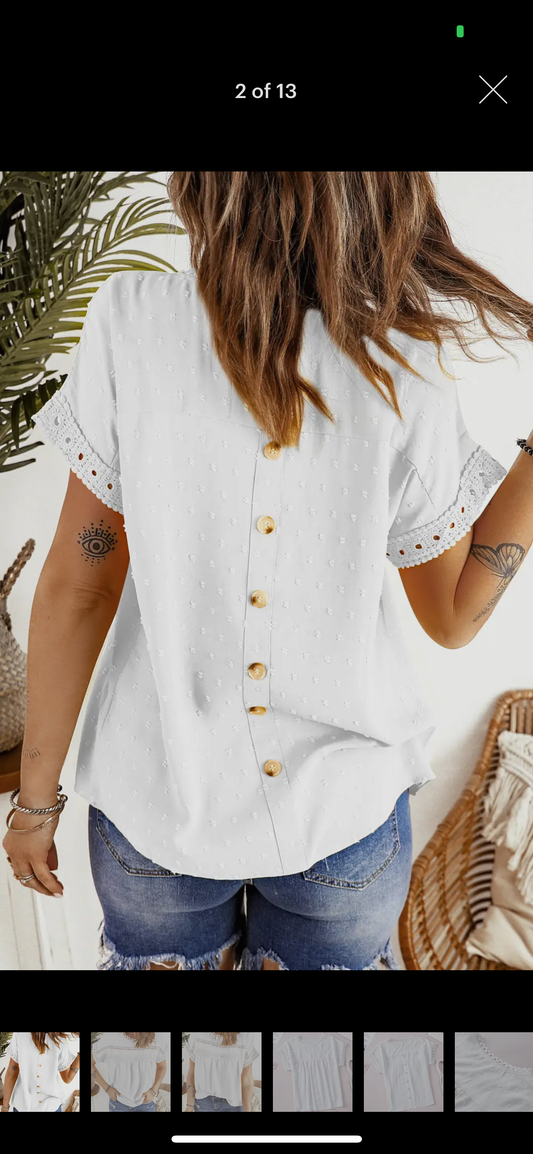 White Swiss Dot Lace Short Sleeve Button Back Shirt