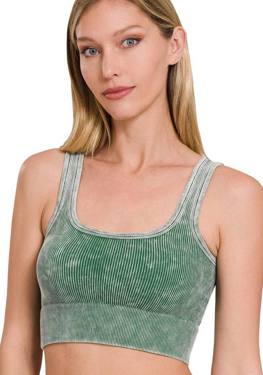 Dark Green Washed Ribbed Cropped Tank Top