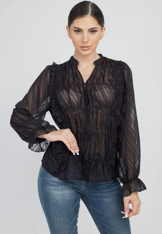 Black Long-sleeved Ruffles Blouse