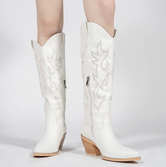 White Cowgirl Boots with Side Zip