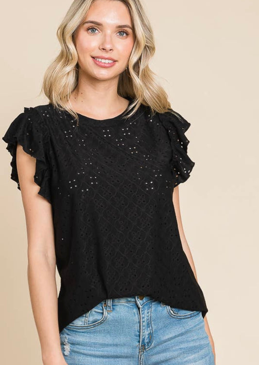 Black Loose Fit Ruffled sleeve top