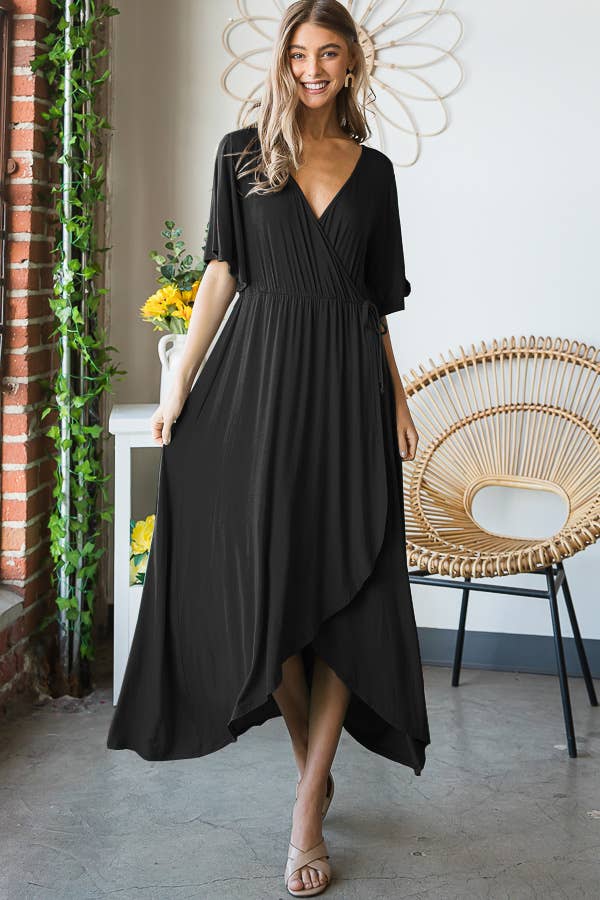 Black Bell Sleeve  Wrap Maxi Dress