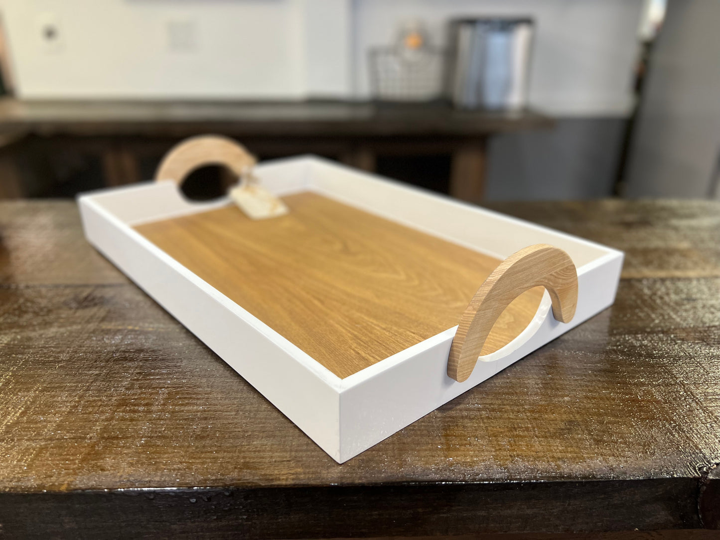 Natural tray with handles and white trim